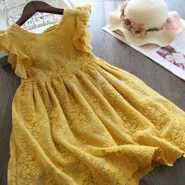 Yellow Lace Embroidery Girls Dress Summer Children Sleeveless Petals Designs Birthday Party Ball Gown Kids Wedding Vestido Cloth Q0716