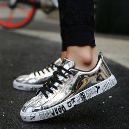 Fashion Graffiti Glitter Sneakers Men Casual Classic Shell Toe Lace up Silver Flat Shoes Women Street Hip Hop Mirror Shoes Men