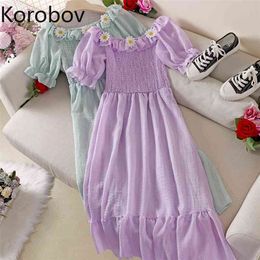 Korobov Korean Sweet Flower Short Sleeve Women Dress Vintage High Waist A-Line Preppy Style Dresses Summer Chic Vestidos Mujer 210430