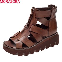 MORAZORA Genuine Leather Sandals Comfortable Flat Heel Platform Ladies Casual Shoes Summer With Zip Women Sandals 210506