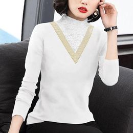 Women's T-Shirt Solid Colour Fleece Lace Half High Neck Elegant White Tops Bottoming Female Autumn Winter Versatile Long-sleeved