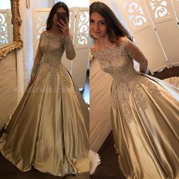 2022 Sexy Gold Off The Shoulder A Line Prom Dresses Long Sleeves Lace AppliqueEvening Dress BA7165