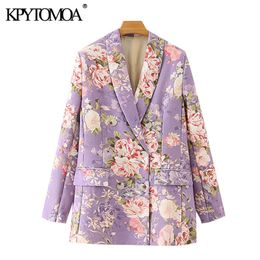 Women Fashion Double Breasted Floral Print Blazer Coat Vintage Long Sleeve Pockets Female Outerwear Chic Tops 210416