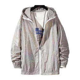 Women Basic Jackets Summer Colorful Reflective Causal Thin Windbreaker Hooded Coat Zipper Bomber veste femme 211029