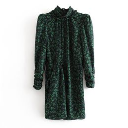 Vintage Chic Green Floral Printed Dresses Women Fashion O-Neck Dress Back Zipper Elegant Ladies Long Sleeve Mini Dresses 210520