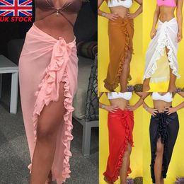 Women Chiffon See-Through Beach Bikini Cover Up Wrap Scarf Swimwear Pareo Sarong Dress Solid Ruffle Casual Sarongs