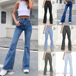 Jeans casual da donna Pantaloni a zampa a vita alta Primavera e autunno Nuovi pantaloni in denim con nappe sottili elastiche a gamba larga XS-L