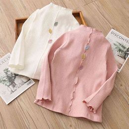 2021 Spring Autumn 2 3 4-10 Years Kid's Clothes Child Solid Colour Princess Knitted Pullover Leaf Basic T-Shirt For Baby Girls G1224