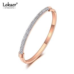 Lokaer Sparkling Full Clay Crystal Stainless Steel Bangles Bracelets for Women Girls Rose Gold Cuff Bracelet Jewellery B19065 Q0719