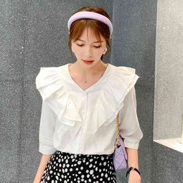 Korean V-neck Summer Elegant Camisas Mujer Splicing Ruffled Buttoned Blouses Shirt Female Womens Clothing blusas 58A 210420