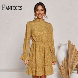 Spring Autumn Casual Boho Yellow Floral Print Pleated Dresses For Women Long Sleeve Mini Loose Lady Dress Ropa Mujer femme robe 210520