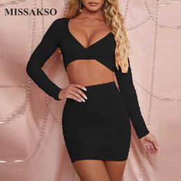 Missakso Sexy Mini Women Ruched Dress Club Long Sleeve Skinny V Neck Party Bodycon Solid Spring Dresses Two Piece Set 210625