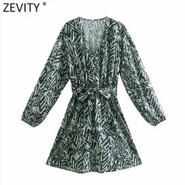 Zevity Women Vintage V Neck Printing Bow Tied Sashes Mini Dress Female Pleats Puff Sleeve Casual Slim Vestido DS5018 210603