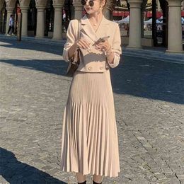 Autumn Skirt Set Korean Chic OL Two Piece Women Crop Top Casual Blazer Coat Pleated Long Suits Female 2 210514