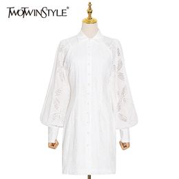 Elegant Solid Embroidered Women's Dress Lapel Long Sleeve Mini Dresses For Female Fashion Clothing Autumn 210520