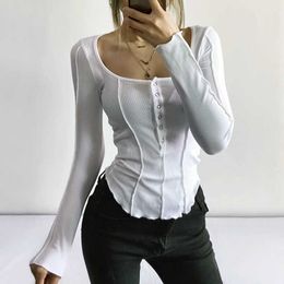 Women Exposed Seams Long Sleeve Top Curved Hem Fitted Long Sleeve T-shirt With Button Detail X0628