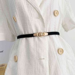 Gold Buckle Dress Belt for Women Elastic PU Leather Ladies Thin Belt Beige Black Waist Belt Strap Femme Faja G220301