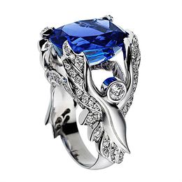 Fashion angel wings blue crystal sapphire gemstones diamonds rings for women men white gold silver Colour Jewellery bague accessory