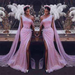 Pink Sparkly Sequins Evening Dresses 2021 One Shoulder Side Slit Floor Length Beaded Sash Custom Made Prom Party Ball Gown Vestido