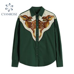 Vintage Animal Embroidery Patchwork Long Sleeve Blouse For Women Hot Selling Turn-Down Collar Button Causal Shirt Female 210417