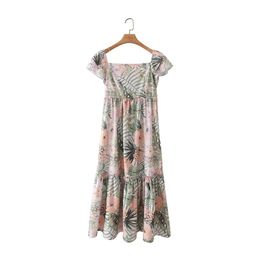 Summer Women Leaf Printing Square Collar Midi Dress Female Butterfly Sleeve Clothes Casual Lady Loose Vestido D7768 210430