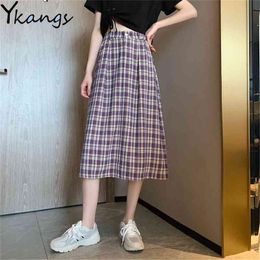 Vintage Summer Harajuku Plaid A-Line Skirts Womens High Waist Long Korean Streetwear Purple Midi Saia Students 210421