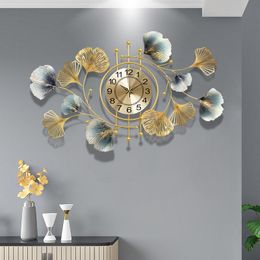 Wall Clocks Large Clock Gold Foil Ginkgo Leaf Home Decor Silent Hanging Watch LA026