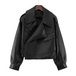 Black Short Loose Pu Leather Jacket Autumn Winter Soft Faux Street Casual Outwear Ladies Biker 199H 210420