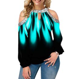 Sexy Off Shoulder T Shirt Women 5XL Plus Size Loose Tops Casual Halter Print Hollow Out Long Sleeve Spring Oversized Ladies Tees 210412