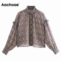 Aachoae Printed Ruffles Chiffon Blouse Women Vintage Loose Casual Shirt Female Long Sleeve Tunic Tops Camisas Mujer 210413