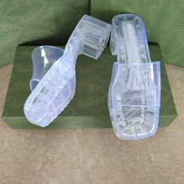2021 Frauen Sandalen Transparent Gummi Slide High Heels Plattform Slipper Chunky 2,4 "Absatzhöhe Schuhe Mädchen Damen Designer Sandale mit Box