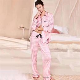 Fashion Stylish Summer Pajama Set Women Long Sleeve Striped Sleepwear Pyjamas Spring Satin Silk Lounge Wear Pj Pjamas Homewear 210809