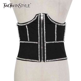 Slim Short Black Vest For Women Patchwork Diamond Casual Streetwear Vests Female Fashion Clothing Stylish 210524