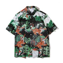 Men Casual Tiger Print Beach Shirts Lapel Short Sleeve Button Loose Streetwear Fashion Hawaiian For Camisas Hombre Men's