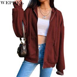 Women's Jackets WEPBEL Coat Casual Loose Solid Colour Zipped Sports Spring Autumn Long Sleeve Pocket Hooded Cardigan