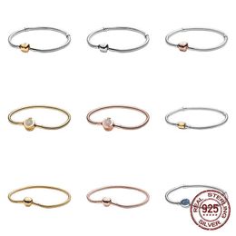 solid gold heart bracelets UK - Charms 925 Sterling Solid Silver Bracelet Heart T-Bar Cuff Chain Sparkling Gold Disc Clasp Snake Chain Bracelet Women Jewelry G0916