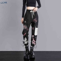 Graffiti Gothic Cargo Pants Women High Waist Loose Trousers Female Punk Streetwear Indie SweatPants Jogger Y2K Alt Aesthetic Y211115