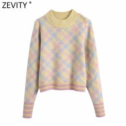 Spring Women Simply Geometric Print Knitting Sweater Female Chic Shoulder Diamond Buttons Casual Pullovers Tops S604 210420