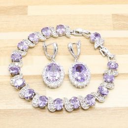 Earrings & Necklace Sterling Silver Colorcolor Jewellery Sets Women Bracelet Purple White Cubic Zirconia Wedding Gift Box