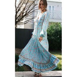 Jastie Vintage Floral Maxi Dresses Elegant Beach Button V Neck Floral Print Tunic Long Summer Boho Dress Women Vestidos 210419