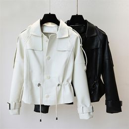 Short Leather Jacket Women Slim Long Sleeve Zipper Turn Down Collar White Faux Blazer Coat Autumn Winter Street Outwear 210525