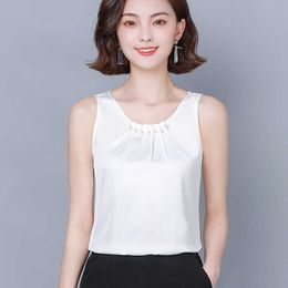 Sleeveless Tops Female Satin Tshirts Woman's Chiffon Fashion Women Simple Camisole Korean Solid Beading Base Shirts 10077 210527