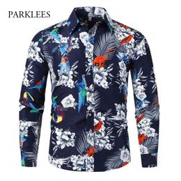 Floral Print Shirts Men Brand Long Sleeve Mens Shirt Casual Business Work Camisas Bird Pattern Oversize Loose Chemise Homme 210524