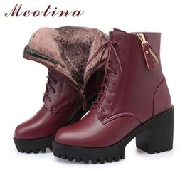 Meotina Natural Wool Fur Real Leather Platform High Heel Ankle Boots Women Shoes Zipper Lace Up Block Heels Short Boots Winter 210520