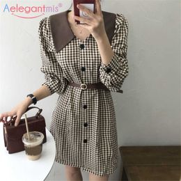 Aelegantmis Korean Casual Cute Sashes Empire Plaid Dress Women Colour Block Mini Female Belt Sweet Vintage Vestidos Mujer 210607