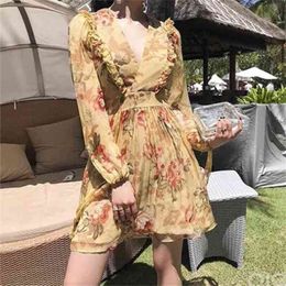 Boho Vintage Dress Woman V-neck High Waist Vacation es Vestido Lantern Sleeve Ruffle Printed Mini Female Summer 210603