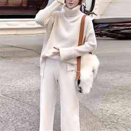 Sweater Set Warm suit for Women Winter Knitted Suits 2 Piece Soild Turtleneck + Loose Trousers Office Lady Suit 210520