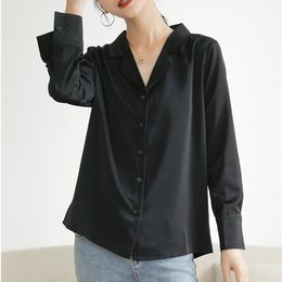 OL Elegant Black Satin Shirt Femme Autumn Vintage Suit Collar Women Blouses Long Sleeve Loose Tops Female Blusas 210421