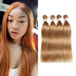 Color 27 Brazilian Straight Human Hair Extensions Honey Blonde 3/4 Bundles Weave Non-remy 8 to 20 Inches