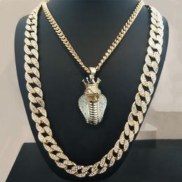 Earrings & Necklace Men's Iced Out Crystal Miami Cuban Chain Snake Pendant With 5mm Stainless Steel Hip Hop Rapper Bling Jewelry Set